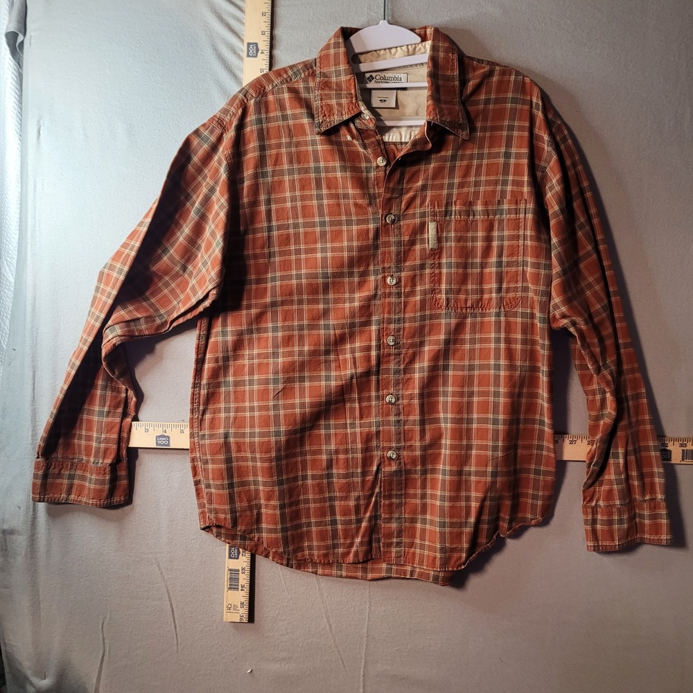 Columbia Sportswear Mens Medium Plaid Button Down Shirt Orange Brown Long Sleeve